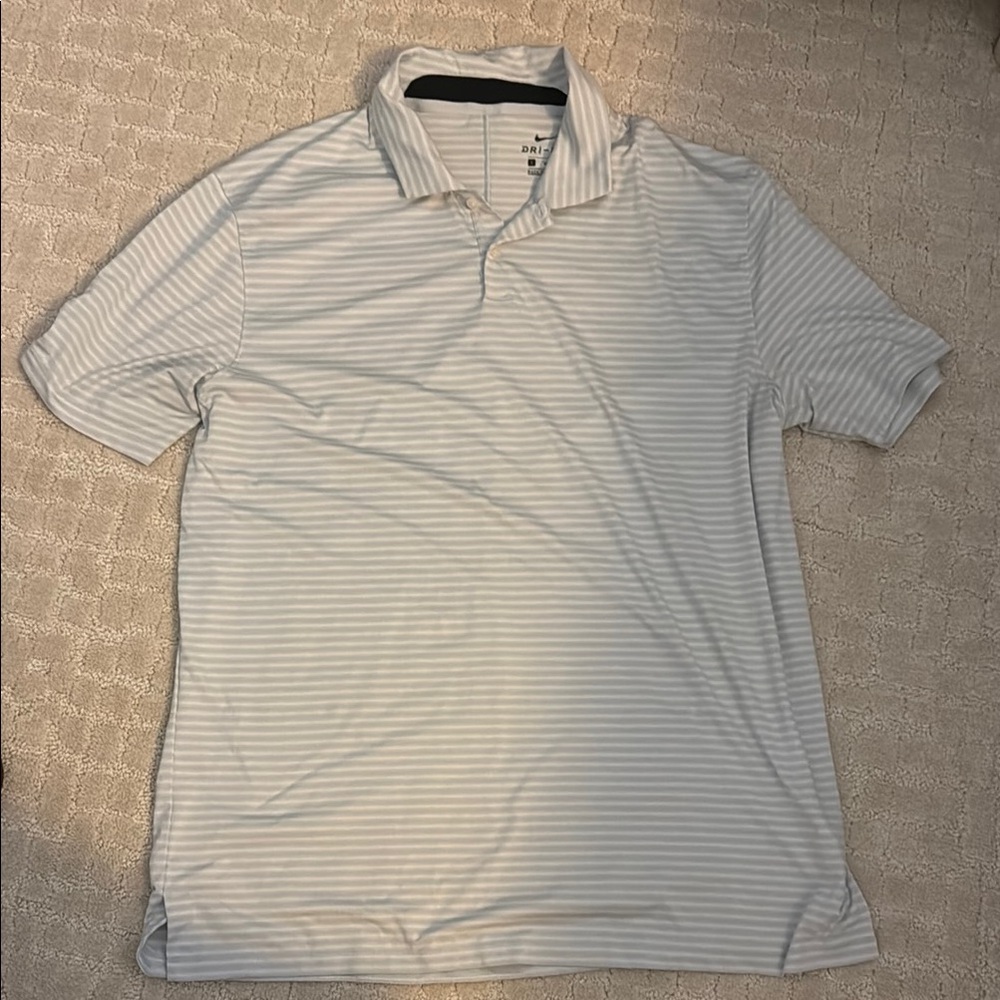 NIKE Tiger Woods Men's White and Gray Striped Dri-fit Golf Shirt